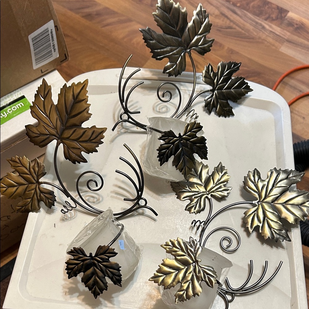 PartyLite Gold and Silver Leaf Candle Holders MCM lot of 3